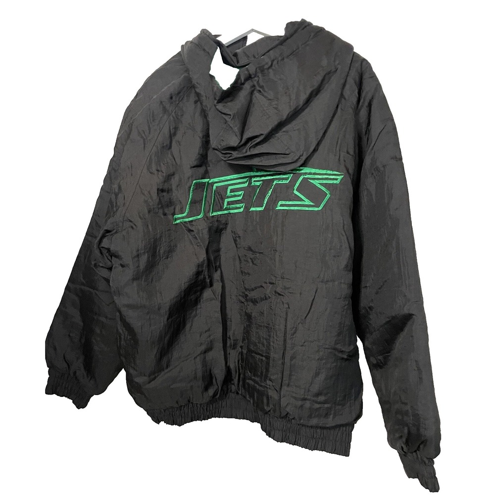 Vintage 90s New York Jets NFL Game Day Puffer Jacket XL Black Green Hooded Coat